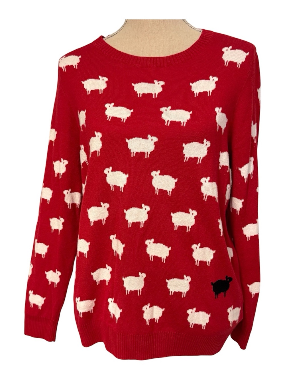 CHARTER CLUB SWEATER CREWNECK RED BLACK WHITE SHEEP LONG SLEEVE Size L